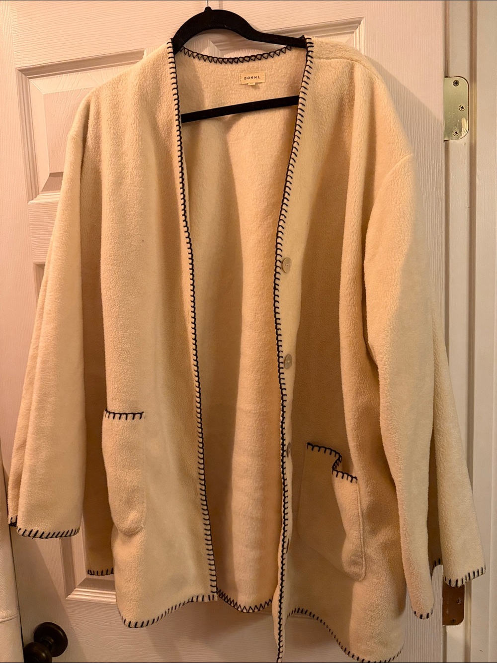 DONNI. Cream Teddy Fleece Jacket with Navy Contrast Stitching